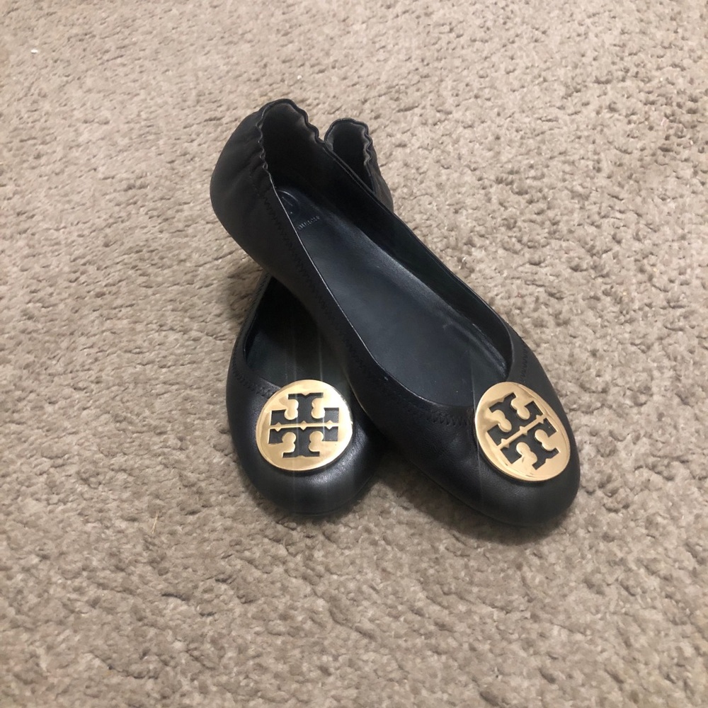 Tory Burch Black Leather Flats with Gold Logo Medallions Size 7.5